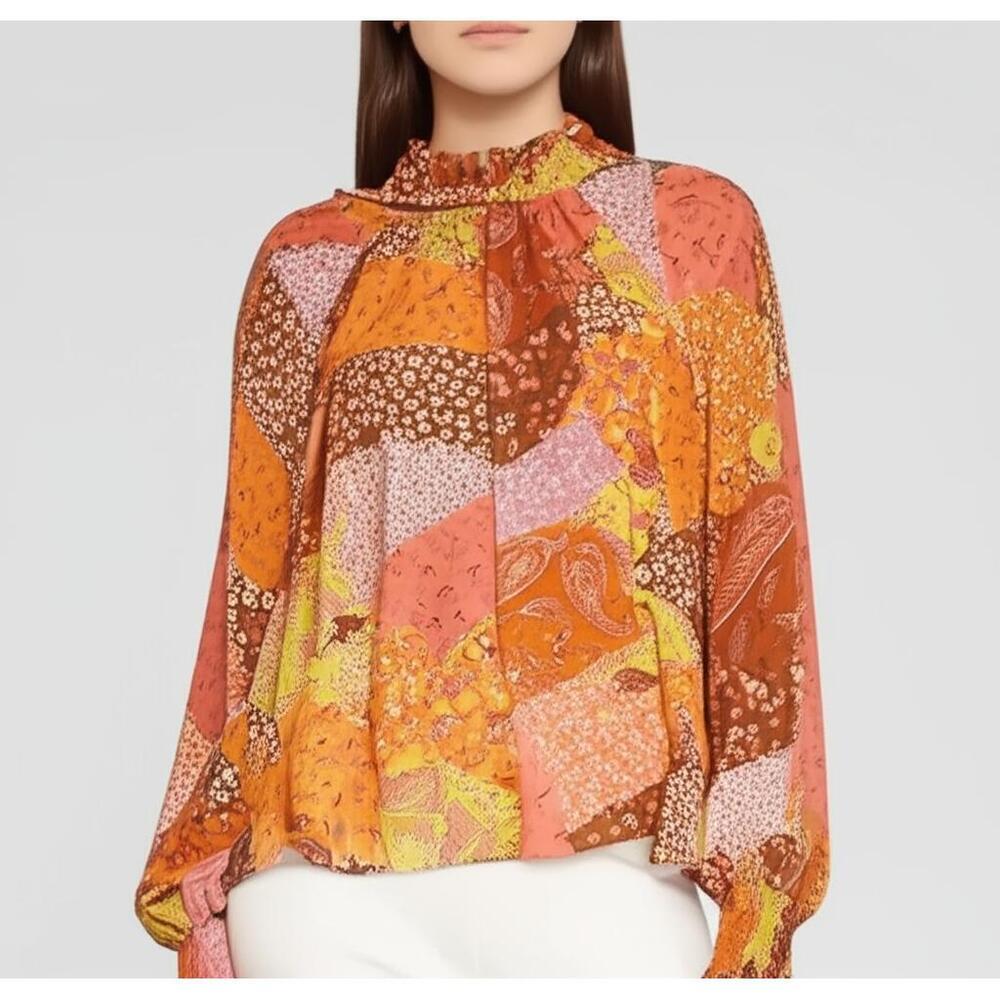 AURA Blouse Womens Size L Patchwork Tie Neck Long Sleeve Bohemian Relaxed Fit